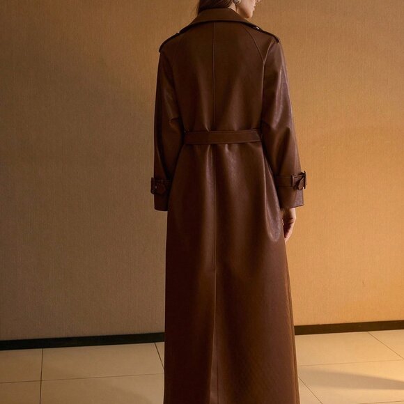 Brown Elegant Women's Double Breasted Belted Trench Coat - Picture 2 of 8